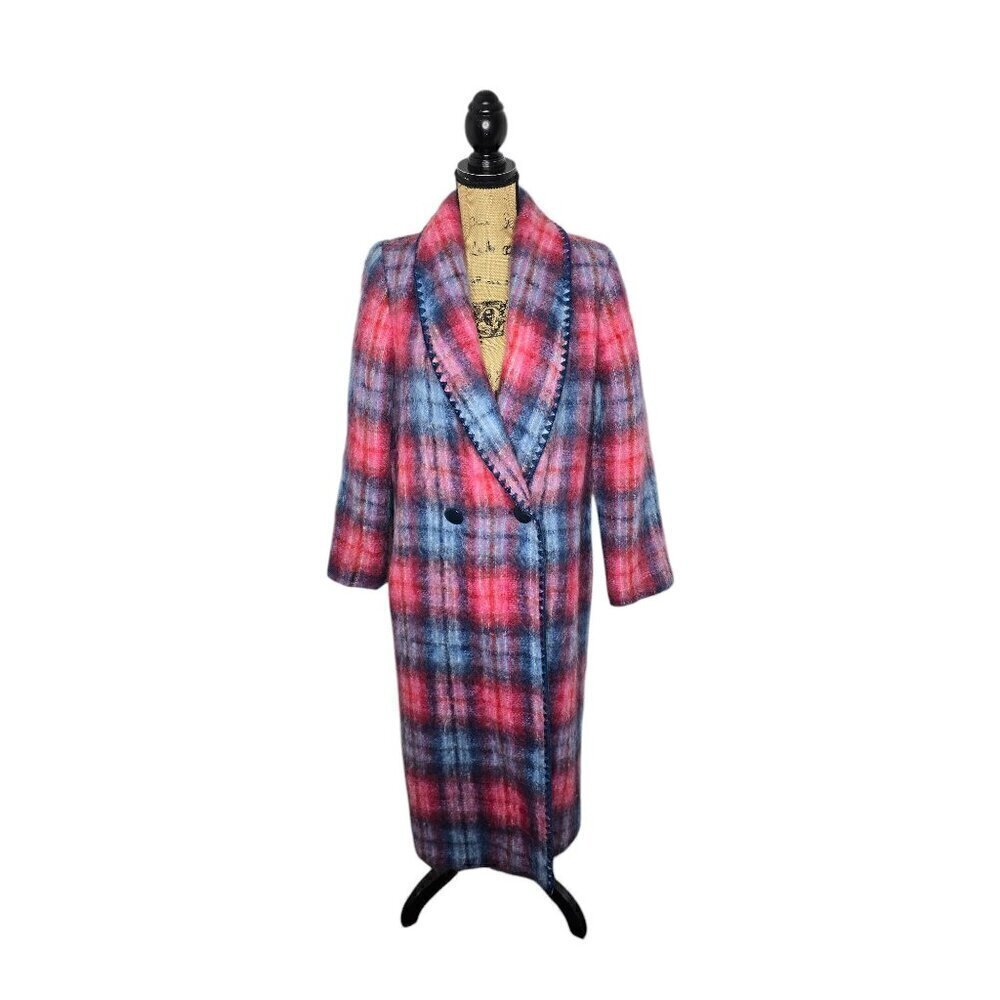 Vintage 1970s Red Blue Plaid Angora Wool Double Breasted Coat